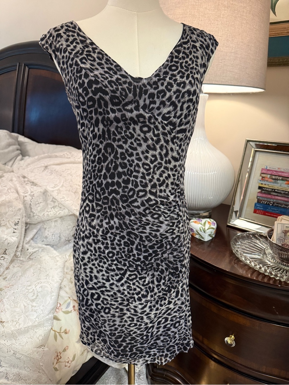 Saks Fifth Avenue 100% Silk Black and Gray Leopard Print Mini Dress